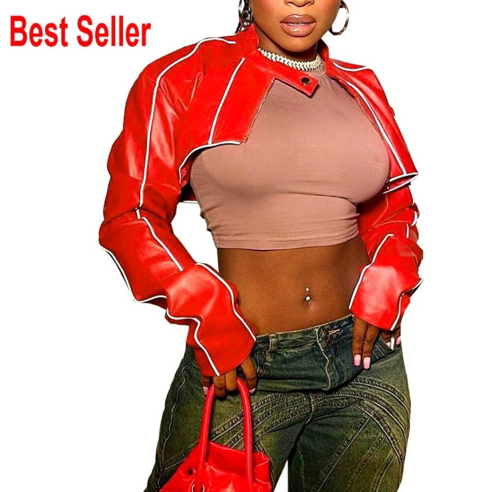 Mock Neck PU Leather Crop Jacket Moto Biker Zip Up Faux Leather Bolero